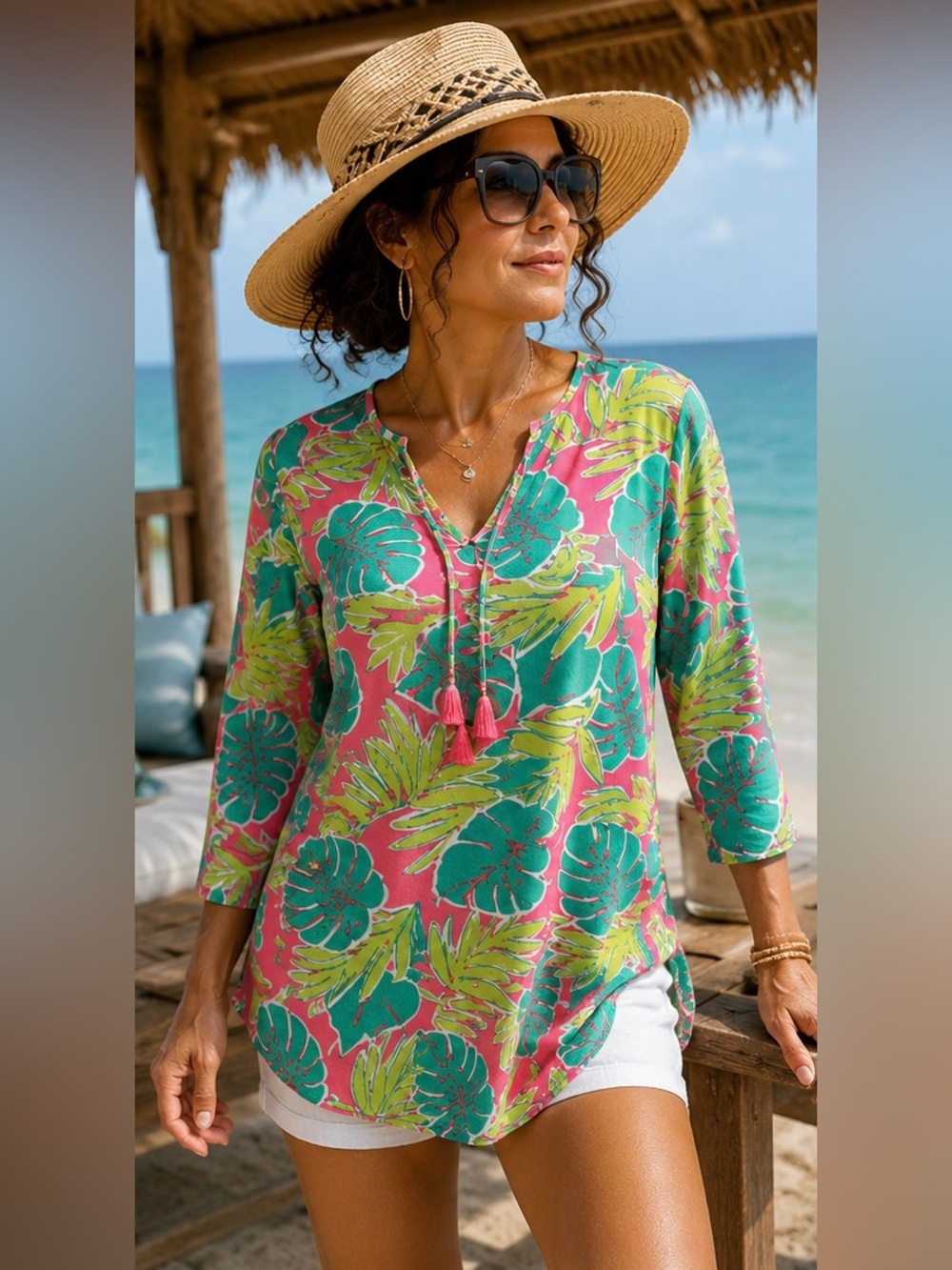 Viv & Lou Tropical Palm Print Tassel Cover-Up Tunic | S/M